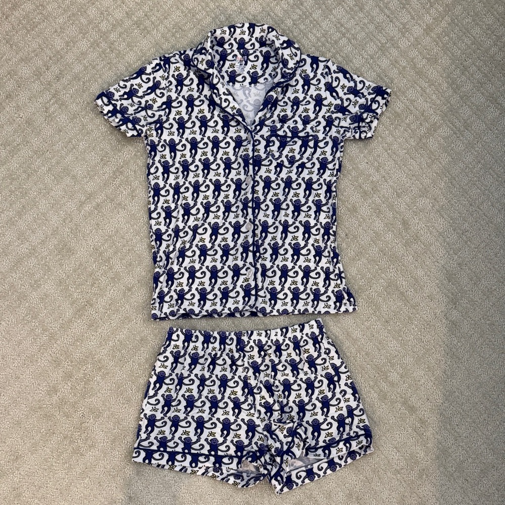 Roller Rabbit Blue and White Monkey Print Kids Pajama Set